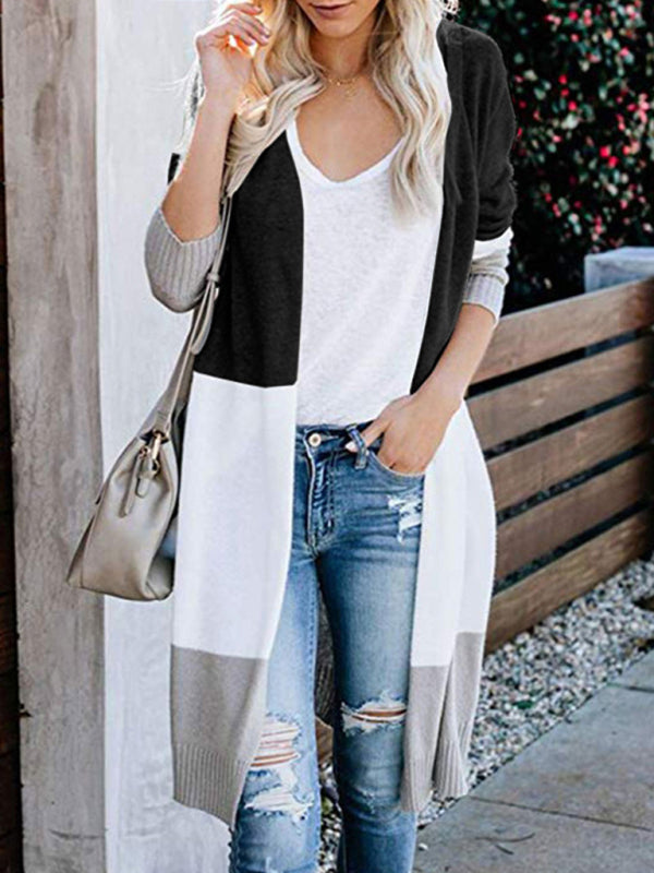 Cardigans- Fall Fashion Stripe Knit Duster Cardigan for Casual Wear- Black- IndioGear Clothing and Gear