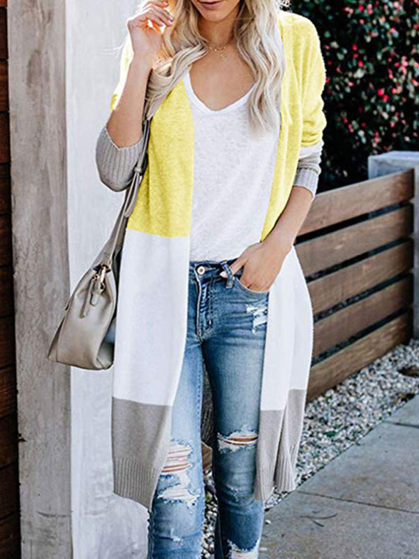 Cardigans- Fall Fashion Stripe Knit Duster Cardigan for Casual Wear- Yellow- IndioGear Clothing and Gear