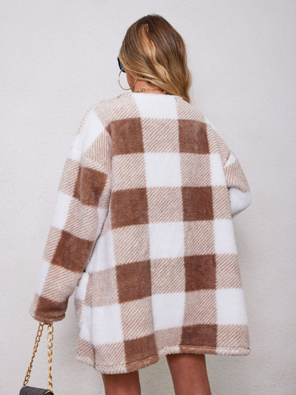 Faux Fur Jacket | Plush Plaid Cardigan in Tan