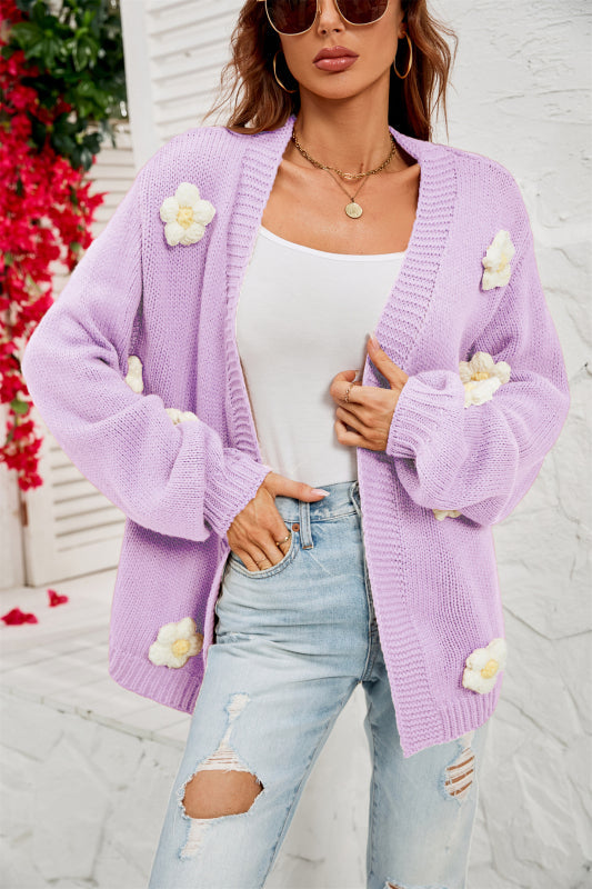 Cardigans- Flowers Knitted Buttonless Sweater Cardigan- Purple- IndioGear Fashion and Gear