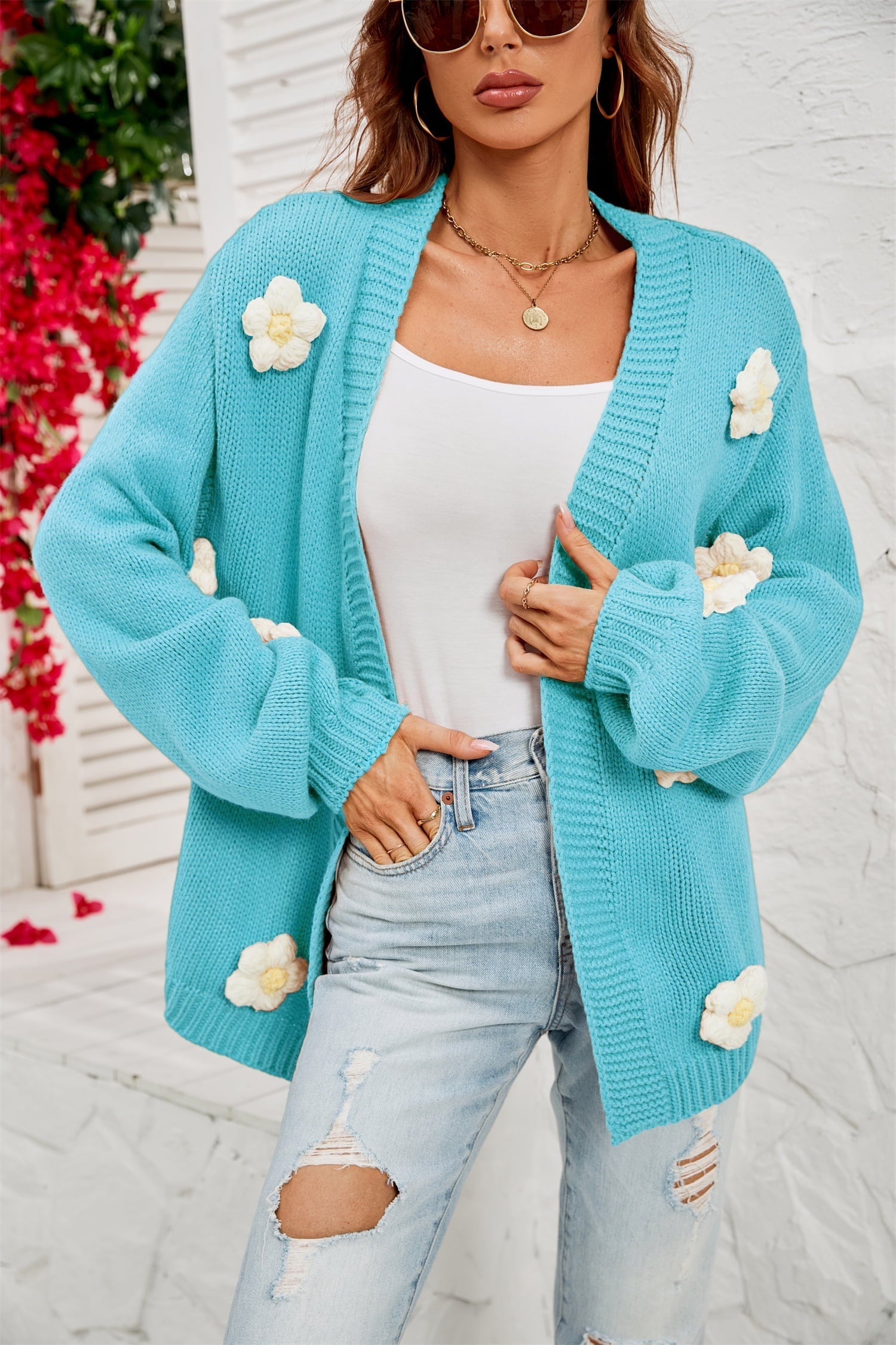 Cardigans- Flowers Knitted Buttonless Sweater Cardigan- - IndioGear Fashion and Gear