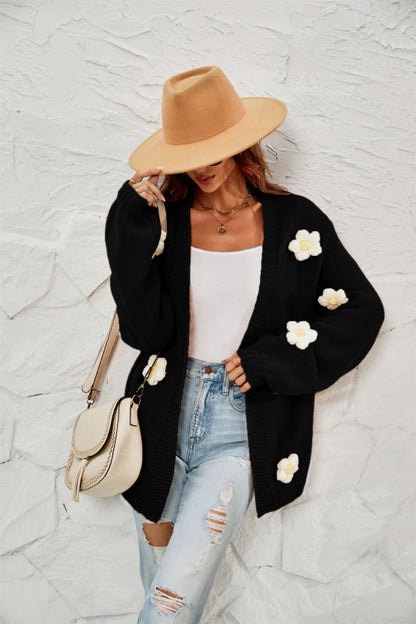 Cardigans- Flowers Knitted Buttonless Sweater Cardigan- Black- IndioGear Fashion and Gear