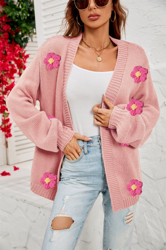 Cardigans- Flowers Knitted Buttonless Sweater Cardigan- Pink- IndioGear Fashion and Gear