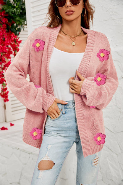 Cardigans- Flowers Knitted Buttonless Sweater Cardigan- Pink- IndioGear Fashion and Gear