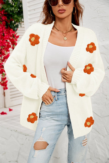 Cardigans- Flowers Knitted Buttonless Sweater Cardigan- White- IndioGear Fashion and Gear