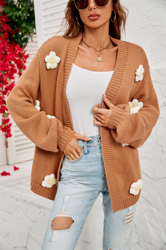 Cardigans- Flowers Knitted Buttonless Sweater Cardigan- Camel- IndioGear Fashion and Gear