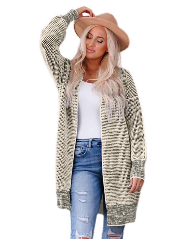 Cardigans- Heathered Knit Mid-Length Open Front Sweater | Duster Cardigan- Cracker khaki- IndioGear Fashion and Gear