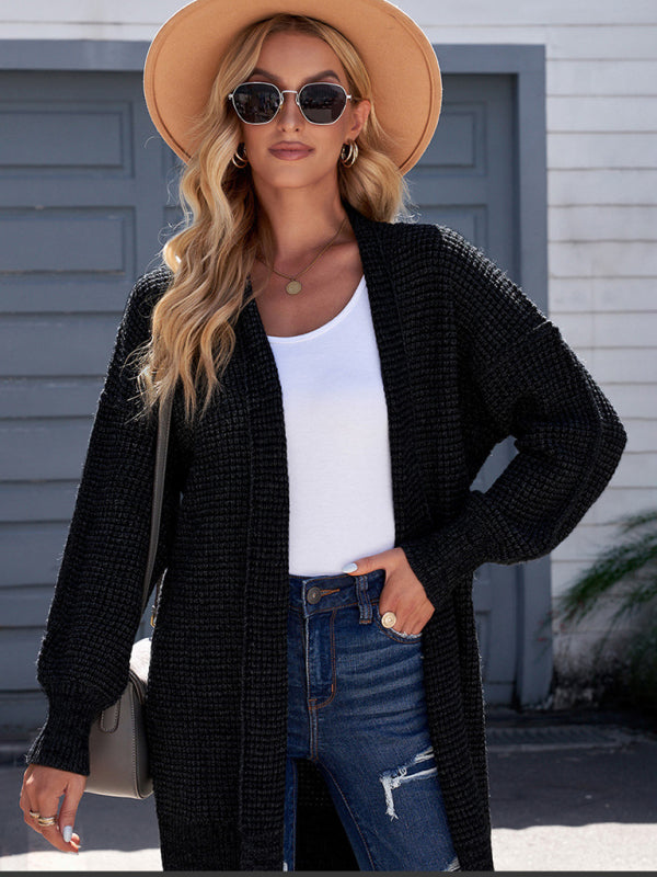 Cardigans- Heathered Knit Mid-Length Open Front Sweater | Duster Cardigan- Black- IndioGear Fashion and Gear