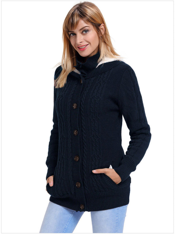 Hooded Coziness Cardigan | Mid-Length Knit Button-Up Sweater