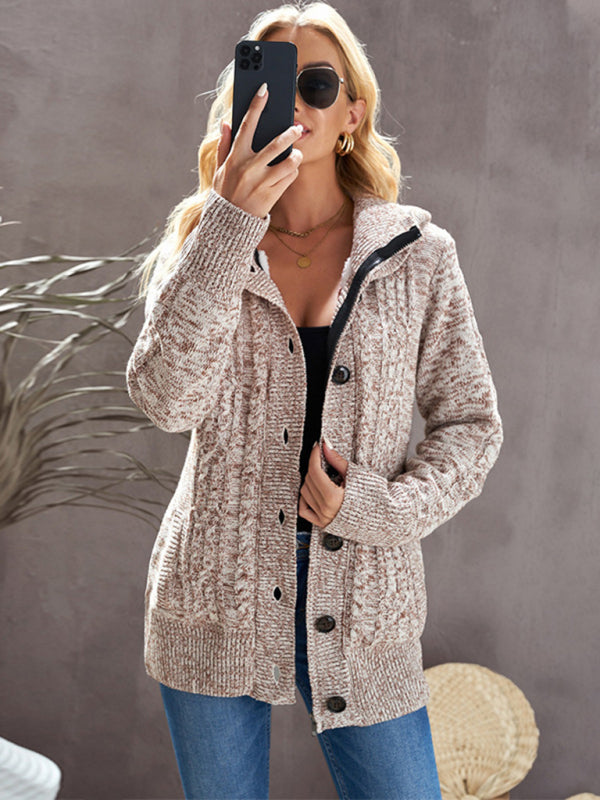 Hooded Coziness Cardigan | Mid-Length Knit Button-Up Sweater