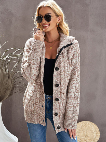 Cardigan confort à capuche | Pull boutonné mi-long en tricot