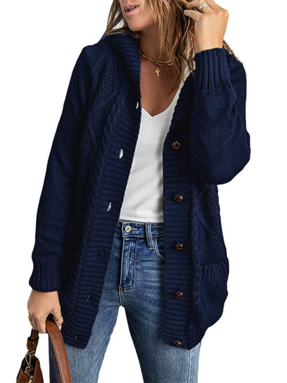 Cardigans-Hooded Mid-Length Jacket with Cable Knit | Faux Fur Cardigan-Pekosa Women Clothing