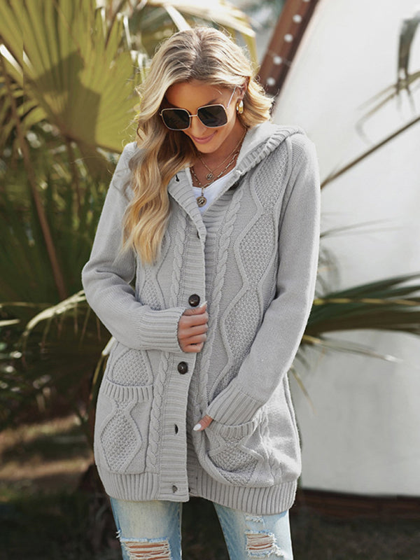 Cardigans-Hooded Mid-Length Jacket with Cable Knit | Faux Fur Cardigan-Pekosa Women Clothing