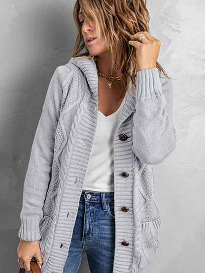 Cardigans-Hooded Mid-Length Jacket with Cable Knit | Faux Fur Cardigan-Pekosa Women Clothing