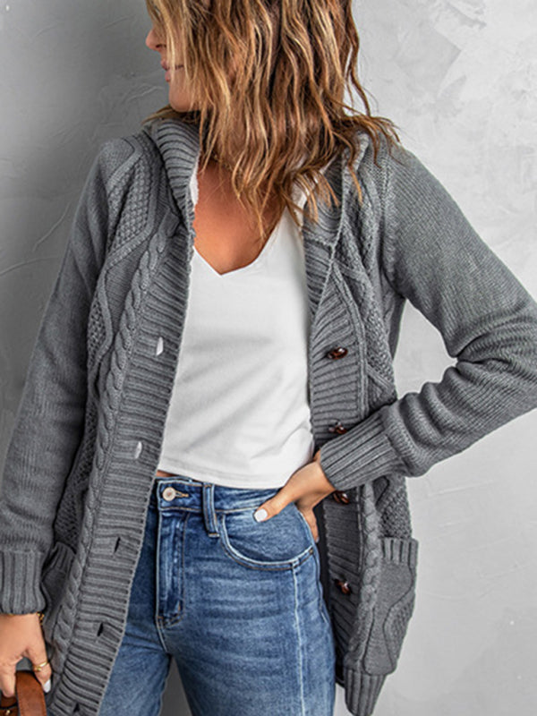 Cardigans-Hooded Mid-Length Jacket with Cable Knit | Faux Fur Cardigan-Pekosa Women Clothing