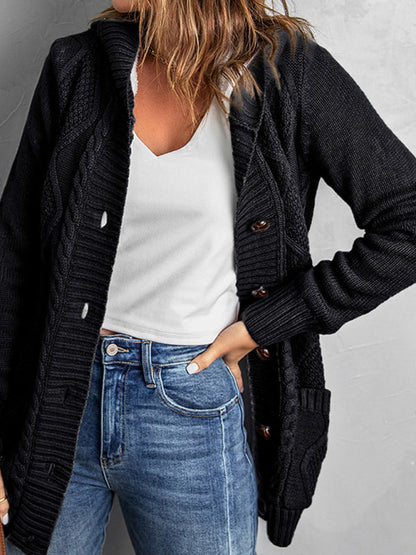 Cardigans-Hooded Mid-Length Jacket with Cable Knit | Faux Fur Cardigan-Pekosa Women Clothing