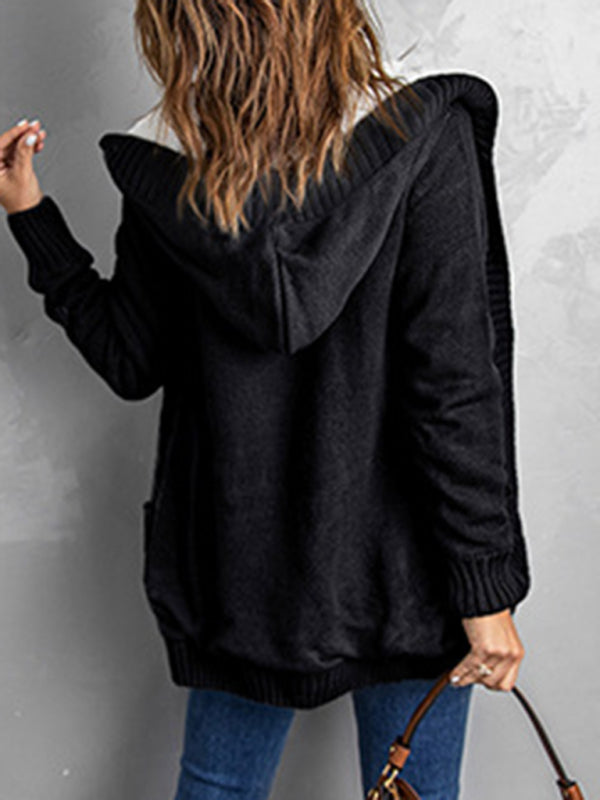 Cardigans-Hooded Mid-Length Jacket with Cable Knit | Faux Fur Cardigan-Pekosa Women Clothing