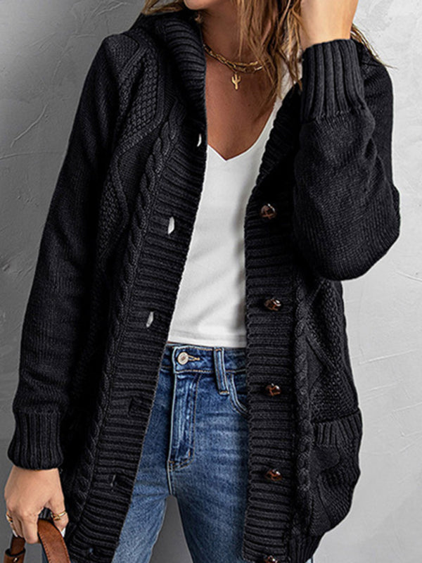 Cardigans-Hooded Mid-Length Jacket with Cable Knit | Faux Fur Cardigan-Pekosa Women Clothing