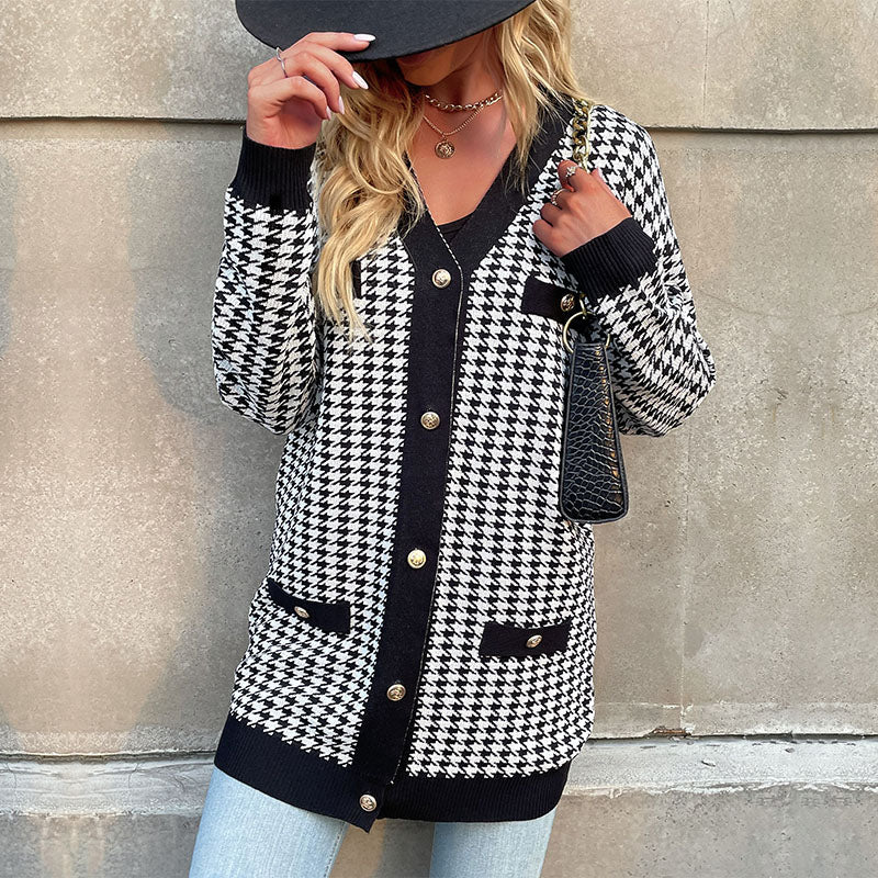 Cardigans- Houndstooth Button Down Cardigan: Loose Fit, Drop Shoulders, Pockets- - Pekosa Women Clothing