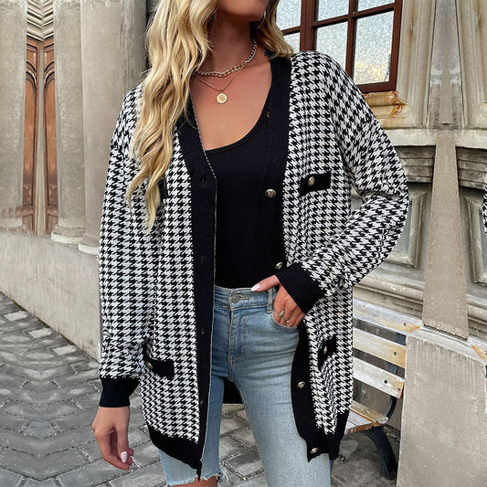 Cardigans- Houndstooth Button Down Cardigan: Loose Fit, Drop Shoulders, Pockets- Black- Pekosa Women Clothing