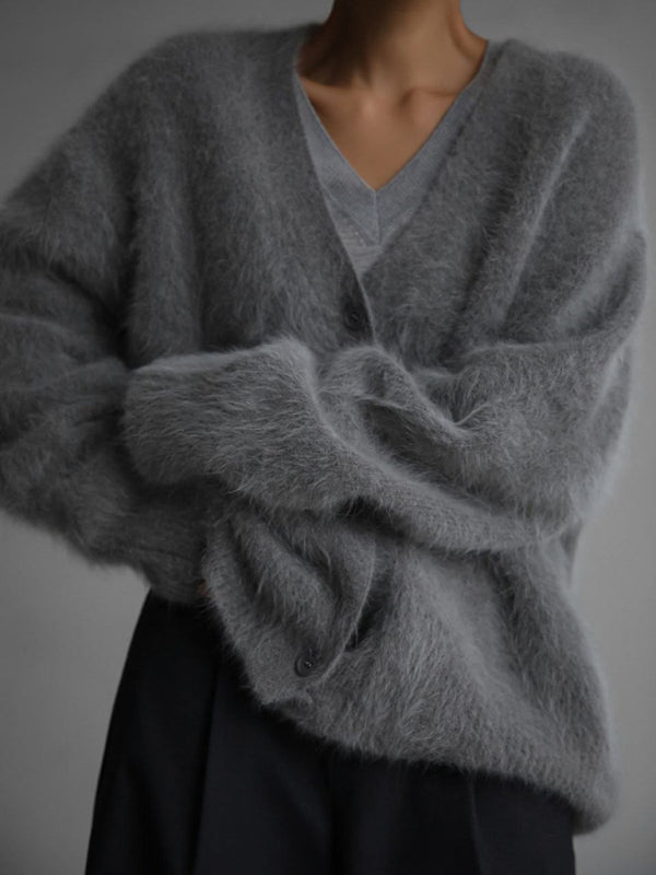 Cardigans-Soft Fluffy Cardigan | Winter Fuzzy Button-Up Sweater-Pekosa Women Clothing