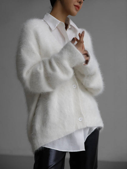 Cardigans-Soft Fluffy Cardigan | Winter Fuzzy Button-Up Sweater-Pekosa Women Clothing