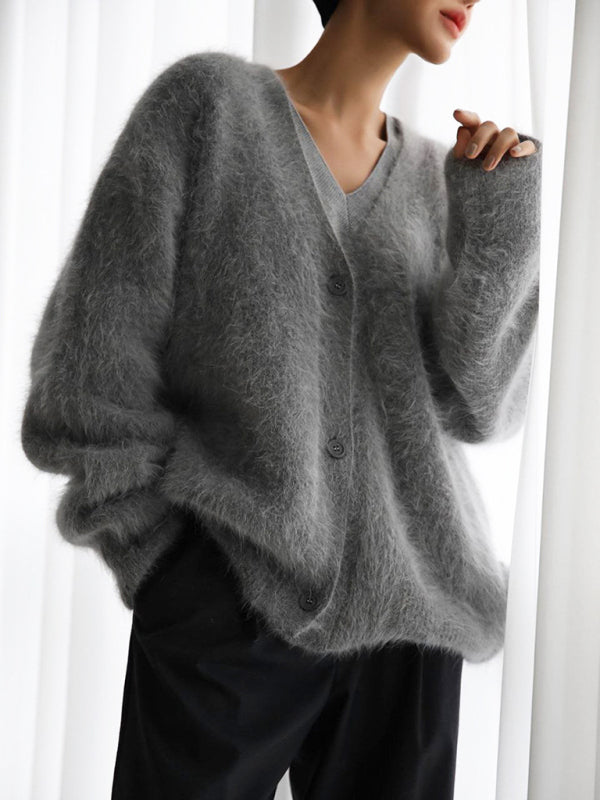 Cardigans-Soft Fluffy Cardigan | Winter Fuzzy Button-Up Sweater-Pekosa Women Clothing