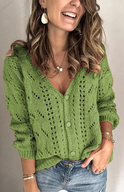 Cardigans- Solid Knitted Openwork Button Up Sweater Cardigan- Pale green- IndioGear Fashion and Gear