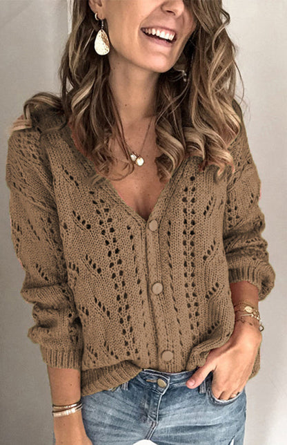 Cardigans- Solid Knitted Openwork Button Up Sweater Cardigan- Coffee- IndioGear Fashion and Gear