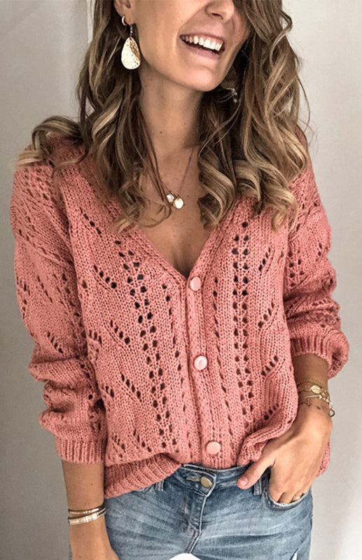 Cardigans- Solid Knitted Openwork Button Up Sweater Cardigan- Pink purple- IndioGear Fashion and Gear