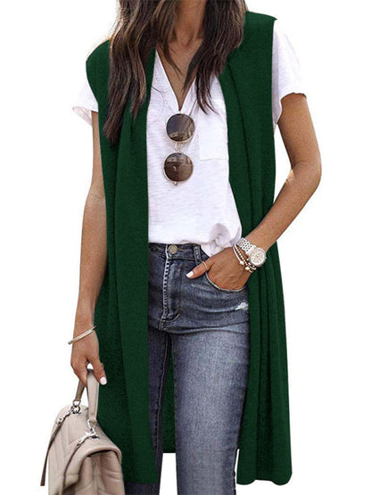 Cardigans- Solid Mid-Length Sleeveless Cardigan Vest with Open Front- Green- IndioGear Fashion and Gear