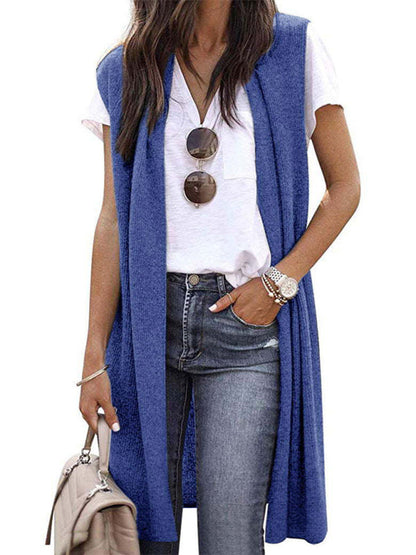 Cardigans- Solid Mid-Length Sleeveless Cardigan Vest with Open Front- Blue- IndioGear Fashion and Gear