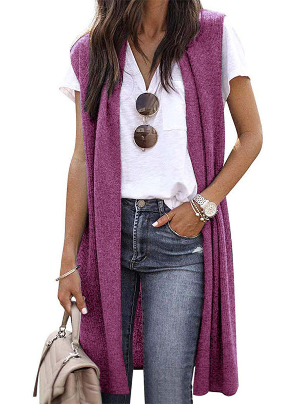 Cardigans- Solid Mid-Length Sleeveless Cardigan Vest with Open Front- Rose- IndioGear Fashion and Gear