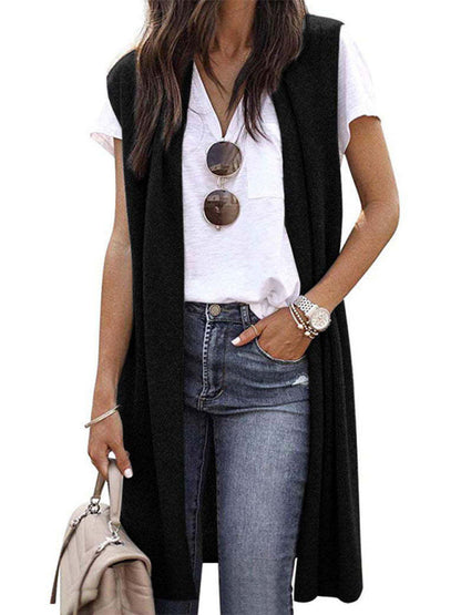 Cardigans- Solid Mid-Length Sleeveless Cardigan Vest with Open Front- Black- IndioGear Fashion and Gear