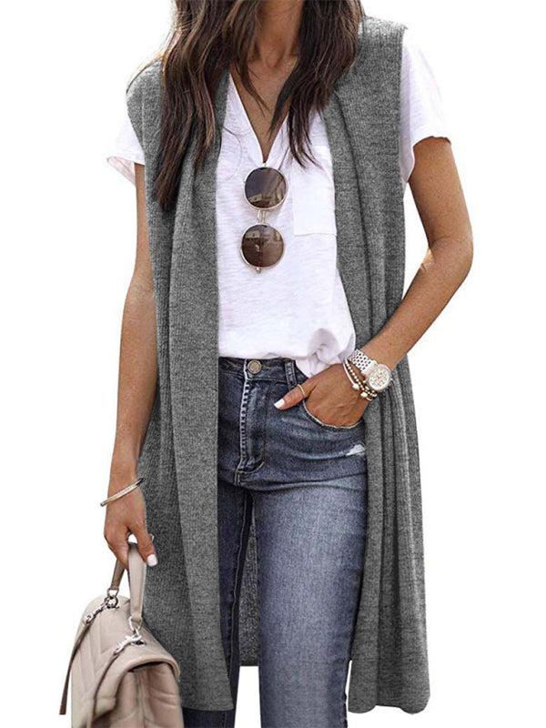 Cardigans- Solid Mid-Length Sleeveless Cardigan Vest with Open Front- - IndioGear Fashion and Gear