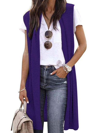 Cardigans- Solid Mid-Length Sleeveless Cardigan Vest with Open Front- Purple- IndioGear Fashion and Gear