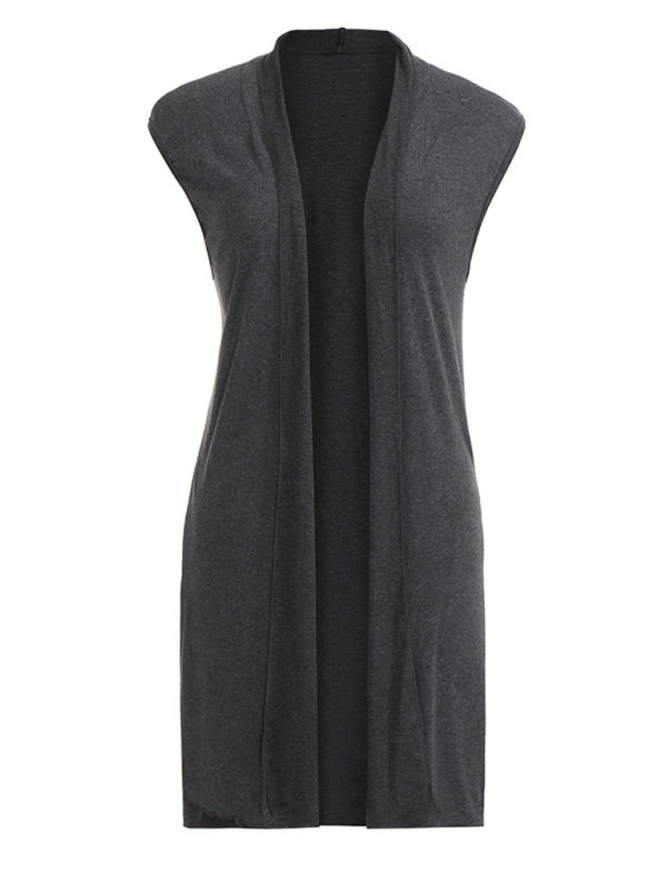 Cardigans- Solid Mid-Length Sleeveless Cardigan Vest with Open Front- - IndioGear Fashion and Gear