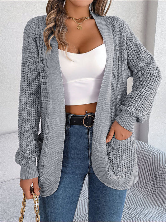 Cardigans- Solid Waffle Knitted Pocket Cardigan- Grey- IndioGear Fashion and Gear