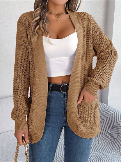 Cardigans- Solid Waffle Knitted Pocket Cardigan- - IndioGear Fashion and Gear