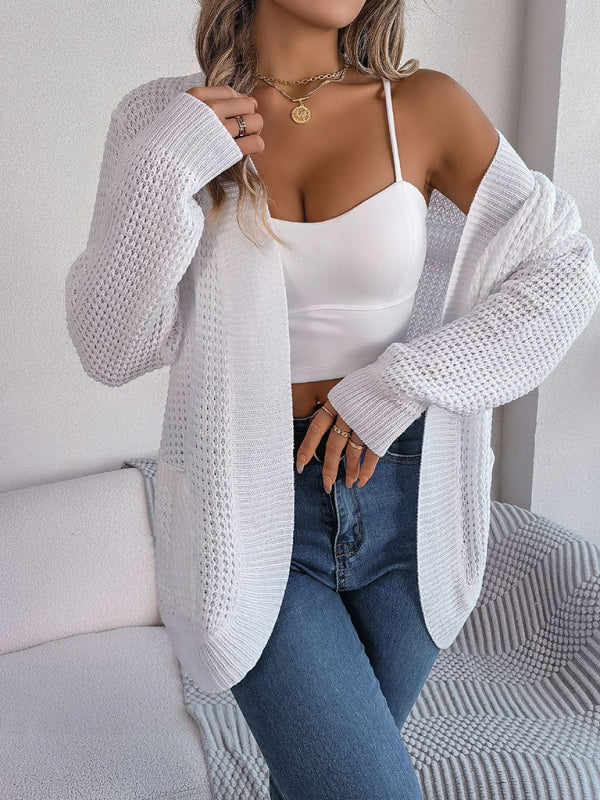 Cardigans- Solid Waffle Knitted Pocket Cardigan- - IndioGear Fashion and Gear