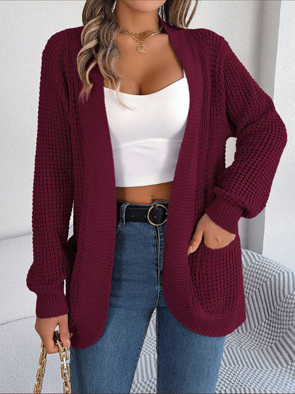 Cardigans- Solid Waffle Knitted Pocket Cardigan- Wine Red- IndioGear Fashion and Gear