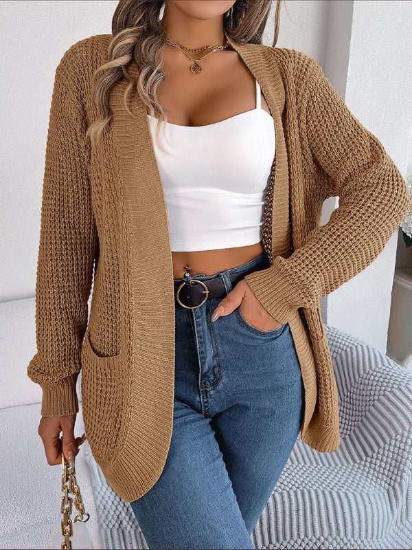 Cardigans- Solid Waffle Knitted Pocket Cardigan- - IndioGear Fashion and Gear