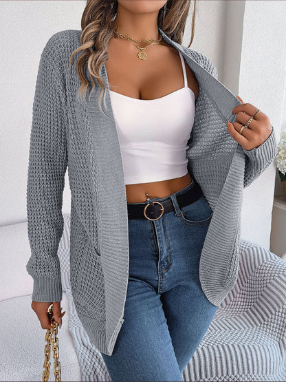 Cardigans- Solid Waffle Knitted Pocket Cardigan- - IndioGear Fashion and Gear