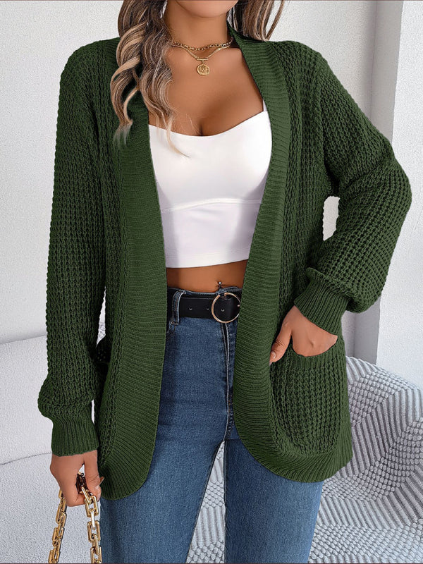 Cardigans- Solid Waffle Knitted Pocket Cardigan- Olive green- IndioGear Fashion and Gear