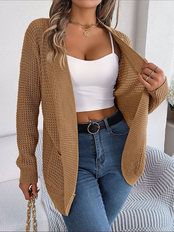 Cardigans- Solid Waffle Knitted Pocket Cardigan- - IndioGear Fashion and Gear