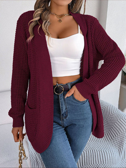 Cardigans- Solid Waffle Knitted Pocket Cardigan- - IndioGear Fashion and Gear