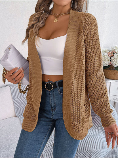 Cardigans- Solid Waffle Knitted Pocket Cardigan- - IndioGear Fashion and Gear