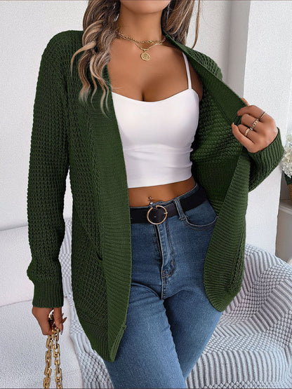 Cardigans- Solid Waffle Knitted Pocket Cardigan- - IndioGear Fashion and Gear