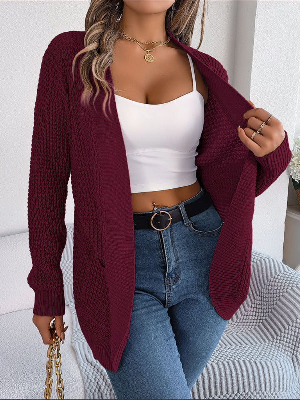 Cardigans- Solid Waffle Knitted Pocket Cardigan- - IndioGear Fashion and Gear