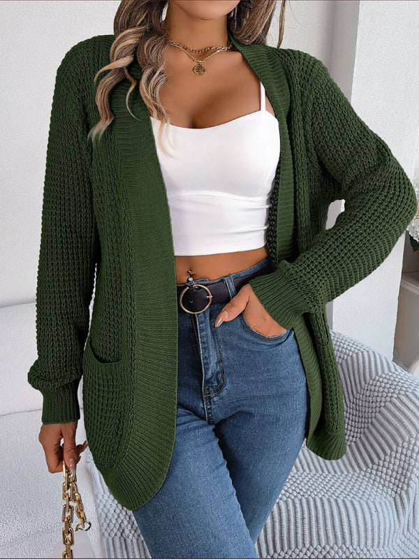 Cardigans- Solid Waffle Knitted Pocket Cardigan- - IndioGear Fashion and Gear